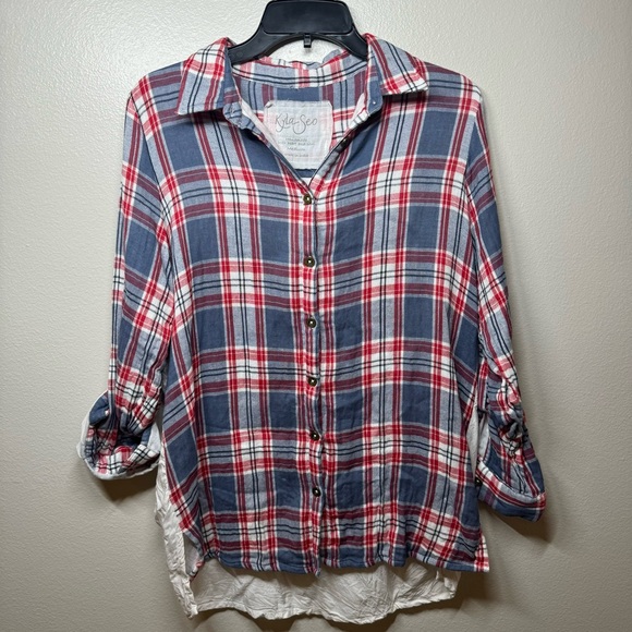 KYLA SEO Embroidered Floral Back Blue Red Plaid Front Button Down Medium - Picture 7 of 9